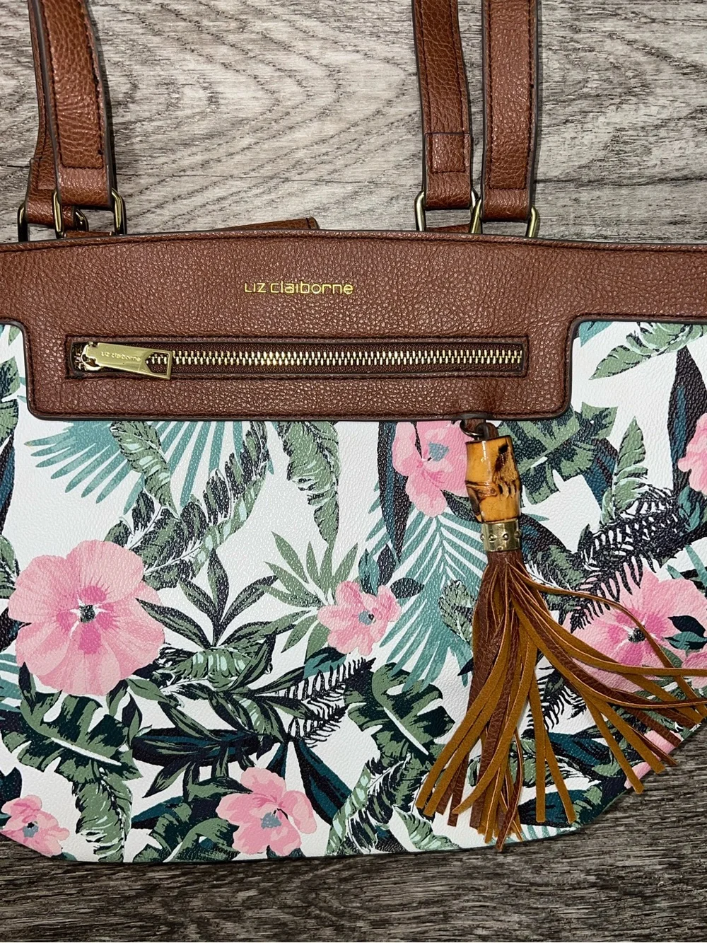 Liz Claiborne Floral and Tropical Leaf Print Pink and Green Tote Bag
